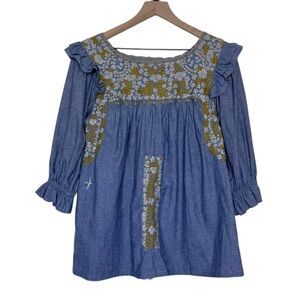 Mi Golondrina Embroidered Floral Bird Ruffled 3/4 Sleeve Top Small Peasant Boho